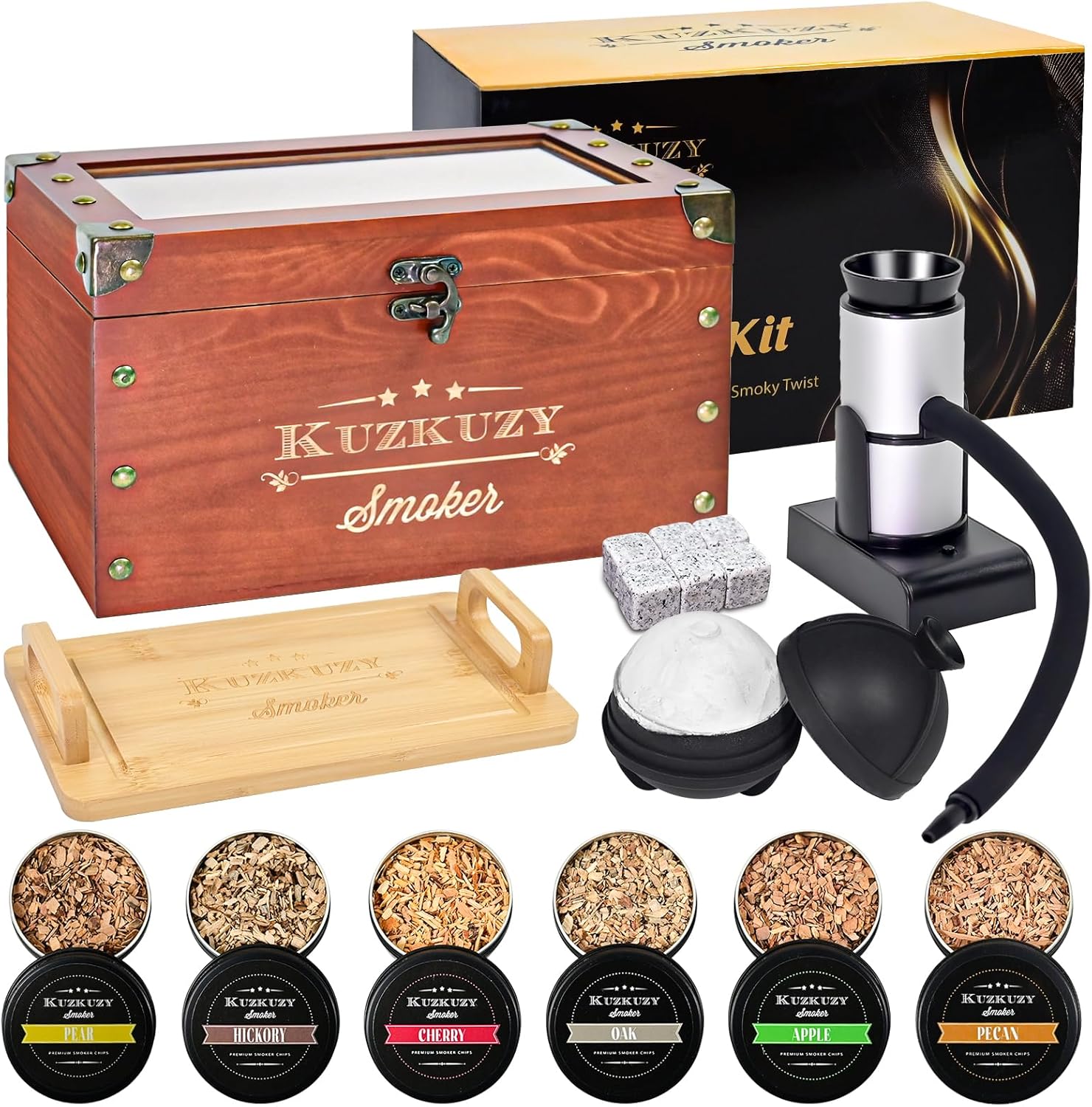 Kuzkuzy cocktail smoker kit with smoking gun, smoker box, wood chips, whiskey stones, and ice mold